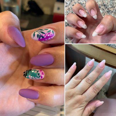 Clockwise: My natural nails post acrylic soak off, my nails with gel (pre-polish) and the final product.