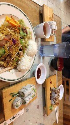 Chicken Yakisoba, California Roll, Salmon Tempera Roll, Miso Soup, and Spicy Tuna Roll. You get a good amount for what you pay.