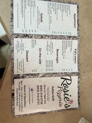 Back of menu