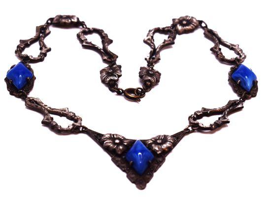 Art Nouveau era Blue Slag Glass Silver Plated Necklace.