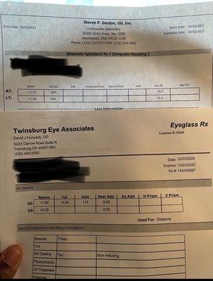 Top - Correct Prescription  Bottom - Incorrect Prescription provided by Twinsburg Eye Associates.