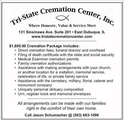 Tri-State Cremation Center logo, business plan and contact information.