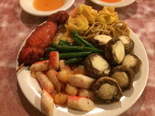 Chicken on a stick, Butter Shrimp & Crab meat, Stuffed Mushrooms, Green Beans, Crab Rangoon's, Lo Mein Noodles