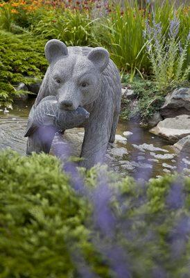 Charcoal Grey Granite Bear with Fish Statue.