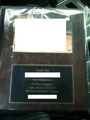 Our "thank you" plaque that was made by Trophymasters...sorry about the white outs. LOL!