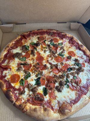 18 in pepperoni, sausage, and spinach