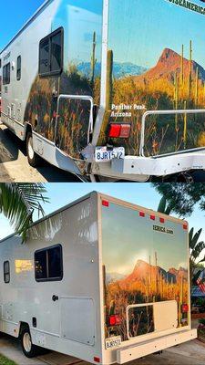 This Cruise America unit was hit while parked. We repaired the bumper & the left rear side of the RV.