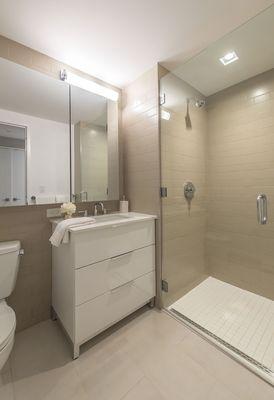 modern and bathrooms with drawer vanities