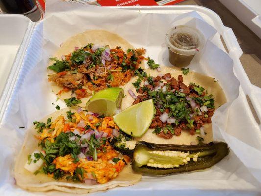 Chicken, Carnitas and Steak tacos