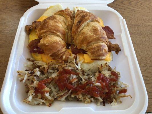 Breakfast Croissant w/ bacon and side of hash browns!