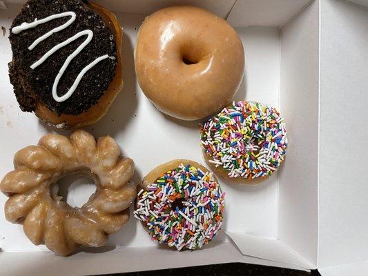 Oreo, chocolate glazed with sprinkle, cruller, original glazed