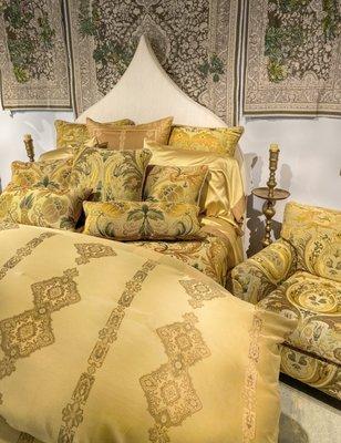 Mixed Italian and Ottoman tapestry pillows and coverlets mixed with our signature Persia sheets.