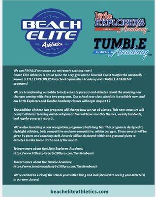 Only gym on Emerald Coast offering the nationally recognized Tumble Academy and Little Explorers Academy