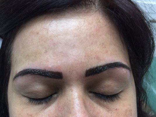 These are full hair stroke brows for a brunette. They will lighten anywhere from 30-60% giving her a natural appearance