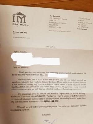 The letter I received from the firm after being lead to believe they were taking the case. Don't waste your time with this firm!