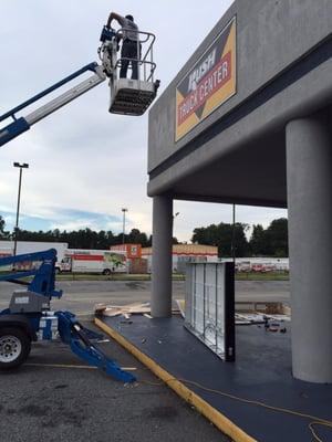 REMOVED EXISTING TEMPORARY SIGN A FULL COLOR DIGITAL BANNER PREVIOUSLY INSTALLED BY US AND REPLACED WITH NEWLY BUILT LED CABINET SIGN.