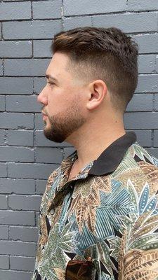 Side view of beard trim and fade