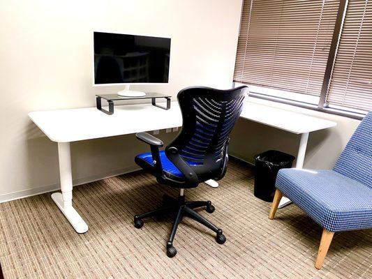 External monitor, ergo chair and adjustable height desk