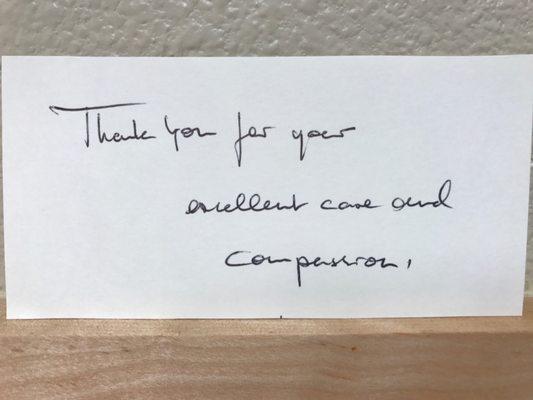 Patient note: "Thank you for your excellent care and compassion."