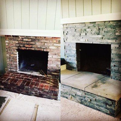 Fireplace renovation with stone veneer for a more modern look