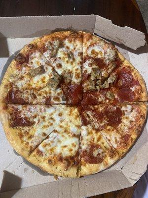 We ordered a pepperoni and sausage pizza, and this is what we picked up. I want to know, was the person who made this pizza drunk?