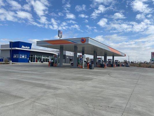 Exterior of the gas station and gas pumps