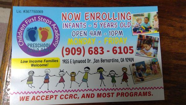 income families. we accept ccrc, cal works, gain, cdfs. and most programs