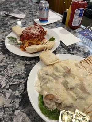 Homemade lasagna and seafood alfredo! $12 each with a side salad and bread!!!