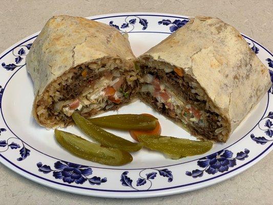 Burrito Rincon!!!  Flour big tortilla, with carne asada, pico de gallo, beans, rice, avocado, lettuce and melted cheese.