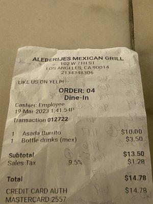 The prices for a burrito and soda. Just the soda is outdated, in the menu says $3.