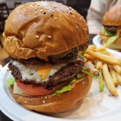 Fire alarm burger with fries.