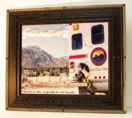 Granite Mountain Hotshots Memorial leather frame with all 19 names embossed in the leather.