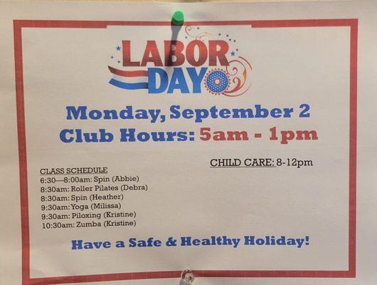 Labor Day hours for Benicia Community Health and Fitness Club. Have a great holiday.