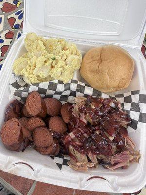 Combo with hot-links and pulled pork with potato salad.