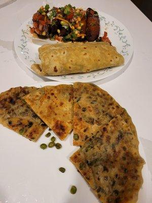 Top - plantain chaat , center - chicken kathi roll, bottom - peas paratha