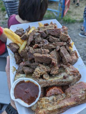 Rodeo Plate (steak, ribs, kielbasa, fries)