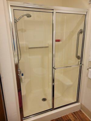 Framed Double Slide Shower Enclosure with Towel Bar, 3/16 Clear Glass, Chrome Aluminum Finish