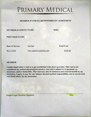 Primary Medical - Lombard form:  Member (Patient) Responsibility Agreement.