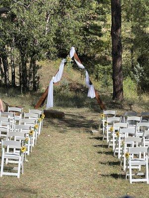 Ceremony setup in the pasture below the main house deck. We also had a burlap and lace runner that wasn't placed yet.