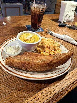 Catfish fillet, corn and homemade Mac and cheese.