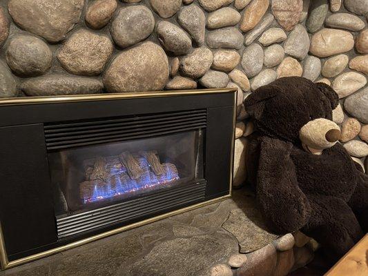 Bear by gas fireplace.  Fireplace keeps room warm and cosy!