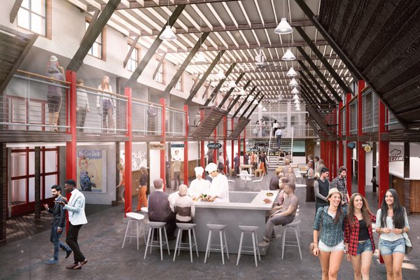 Parkville Market interior rendering. A destination spot that will include shops, food stands, social and work spaces.