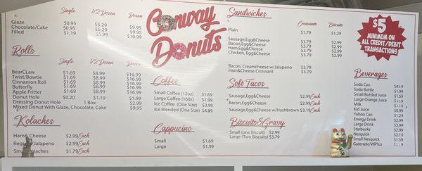 Conway Donuts menu.