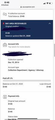 Screenshot from new credit alert Nov. 2020