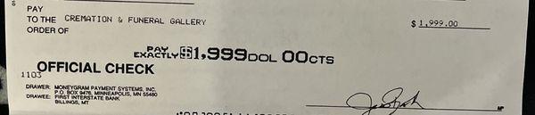 Copy of CK that they were more than happy to cash. Mail the URN that was PAID FOR....