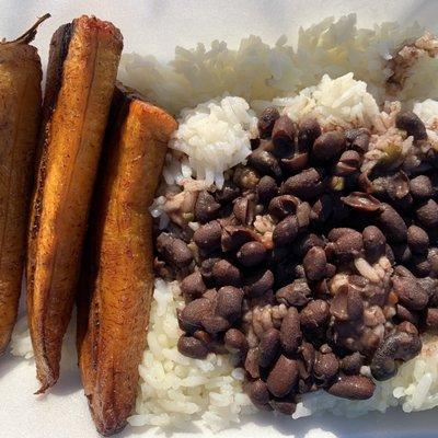 Black rice and beans with side of plantains