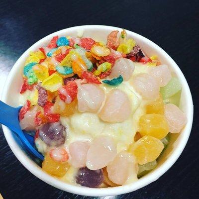 Mango Snow with Fruity Pebbles, Rainbow Mochi, and Condensed Milk