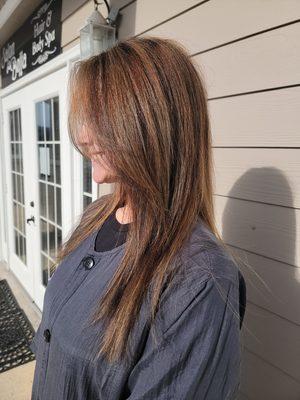 Caramel highlights and curtain bangs