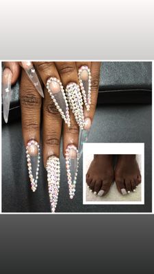 Full Set w/ Butterflies and Rhinestones. Gel Pedi w/ Rhinestone on big toes.