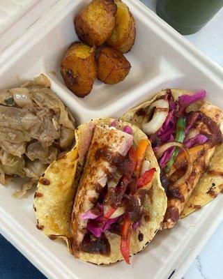 Redfish Tacos with cabbage and plantains, Mac and cheese